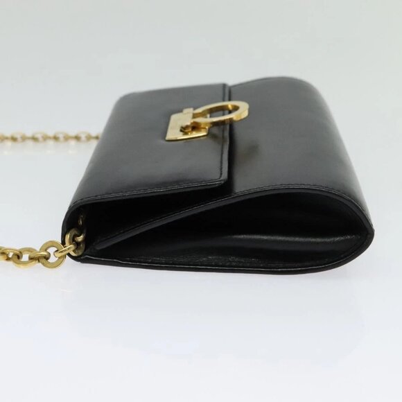 Salvatore Ferragamo Gancini Chain Shoulder Bag Leather Black Gold Auth hk2926 - Picture 4 of 16
